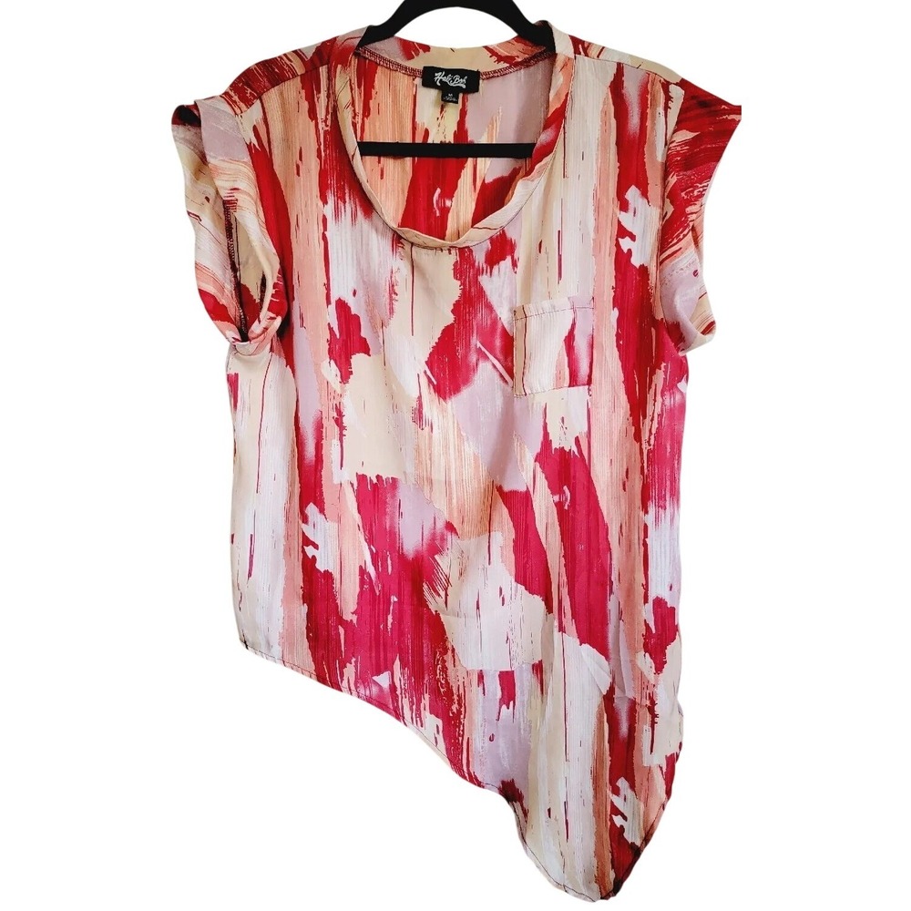 Hale Bob M Abstract Brushstroke Asymmetrical Hem Cap Sleeve Top Red Tan Med - Picture 6 of 11